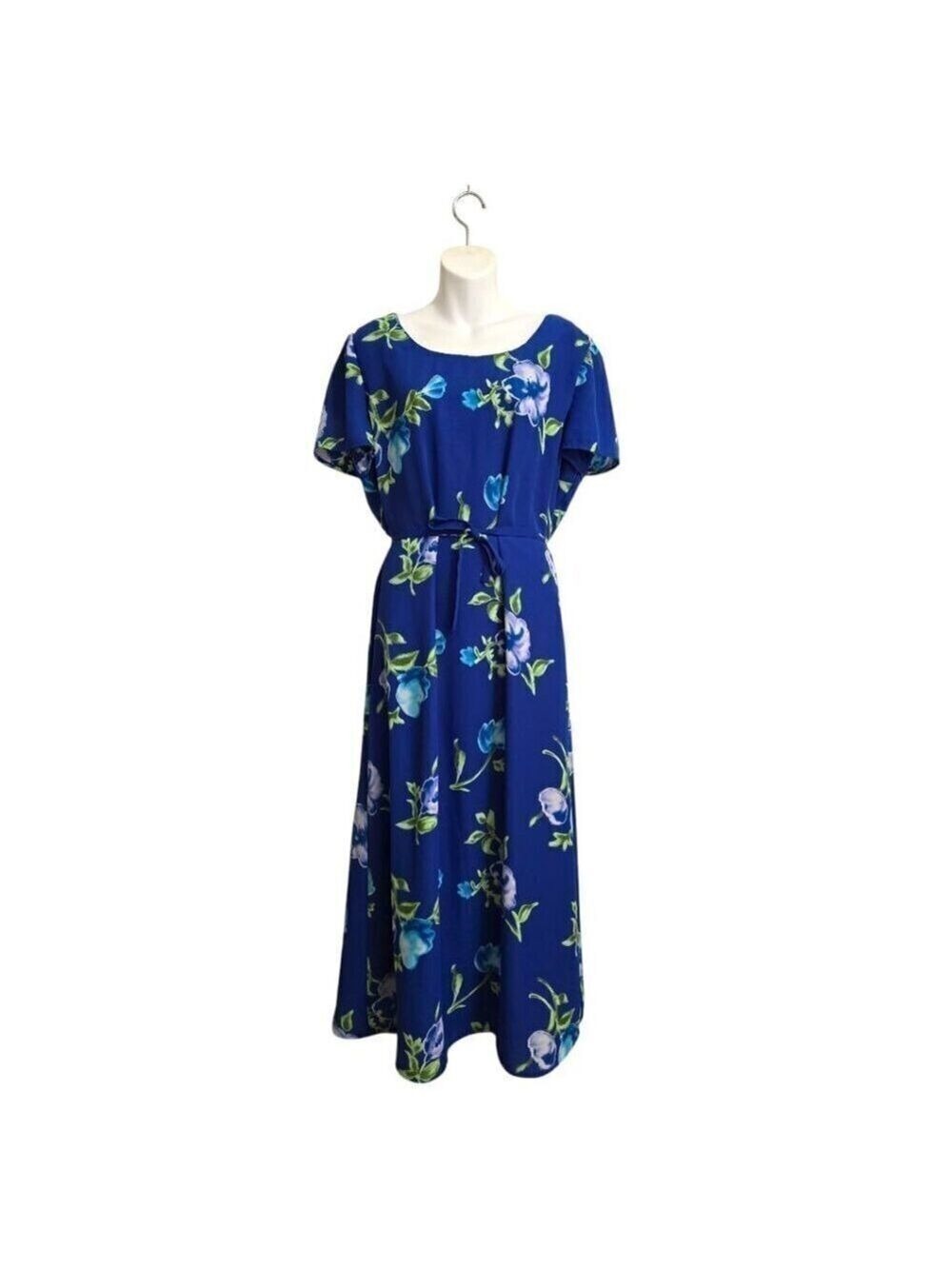Jacqueline Ferrar Vintage Blue Floral Short Sleeve Midi Dress Sz 16